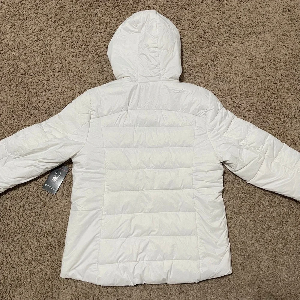 Spyder Puffer Jacket Womens Large Bright White Hooded Quilted Full Zip Ski NEW